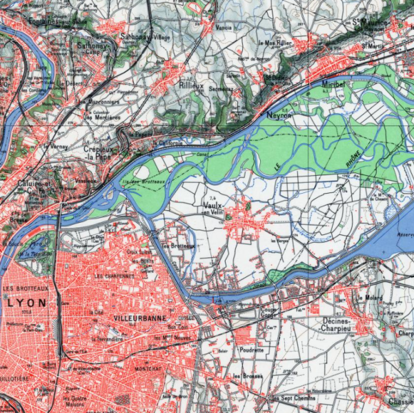 Carte représentant les cours d'eau autour de l'agglomération lyonnaise